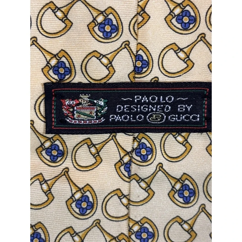 Paolo Gucci Silk Tie Mens OS Yellow Excellent Horsebit Floral Crest Italy